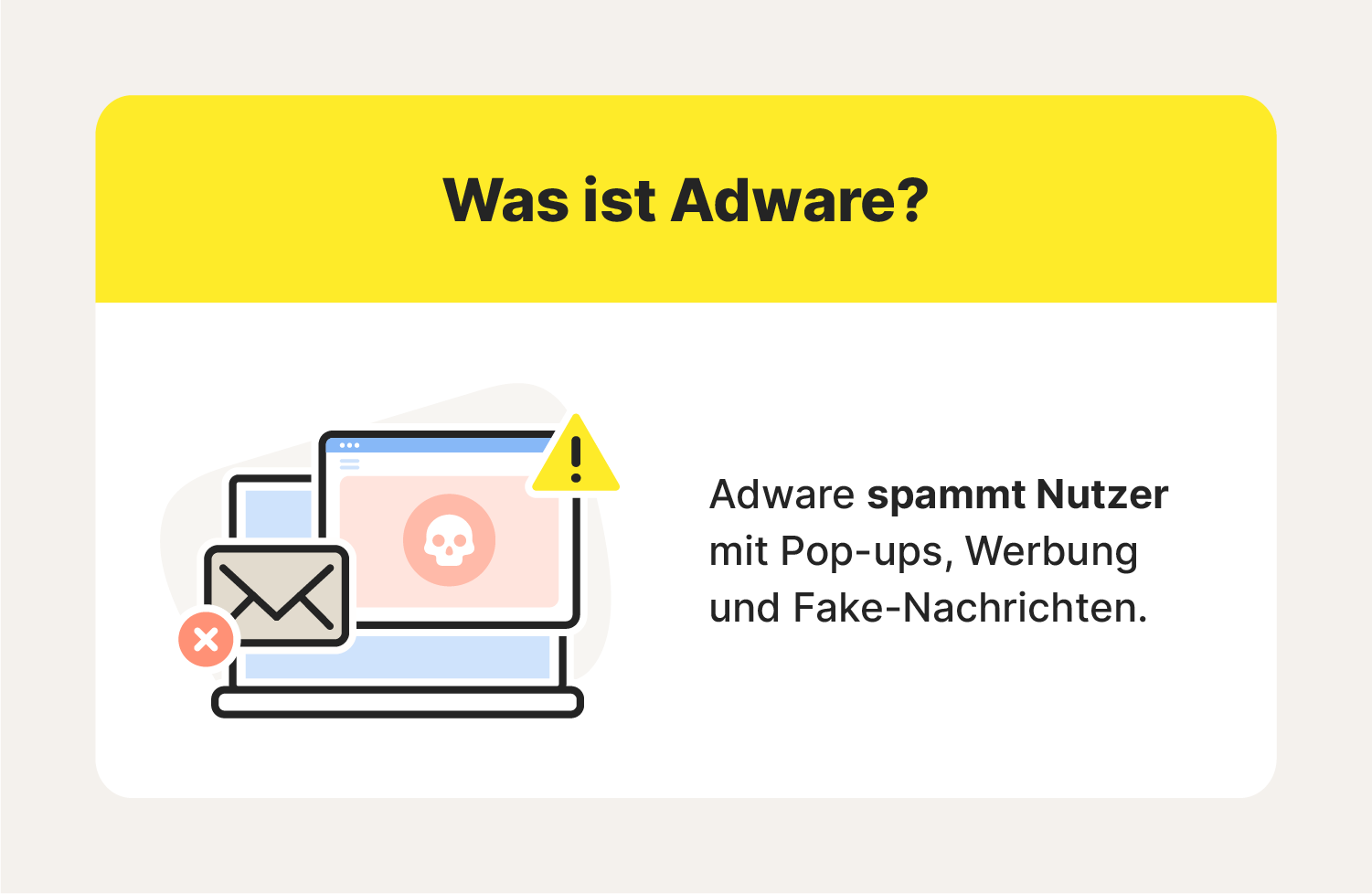 Ein Bild zur Frage "Was ist Adware?" Adware spammt Nutzer mit Pop-ups, Werbung und Fake-Nachrichten.