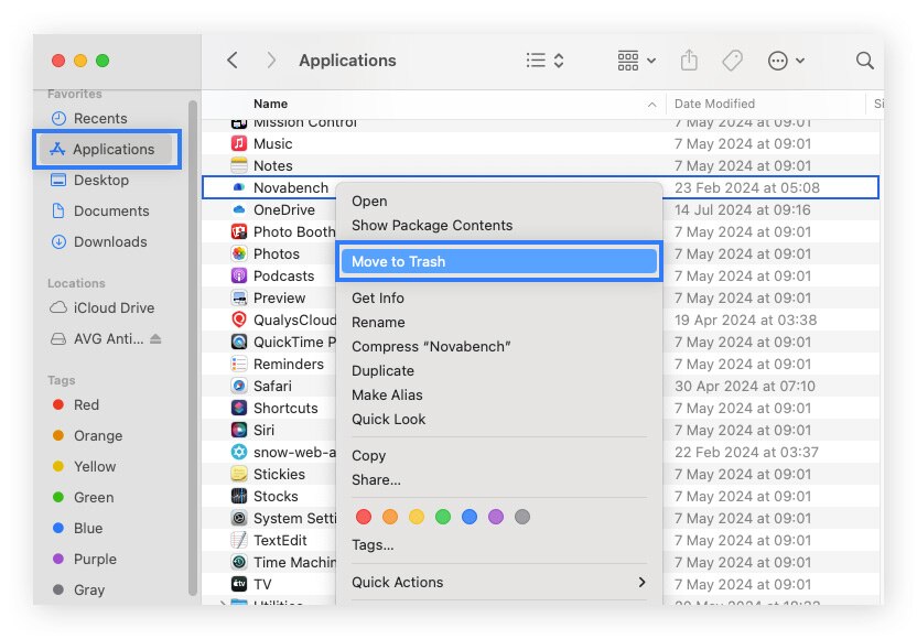 Klicken Sie unter "Programme" mit der rechten Maustaste auf die mutmaßliche Adware-App und wählen Sie "In den Papierkorb verschieben".