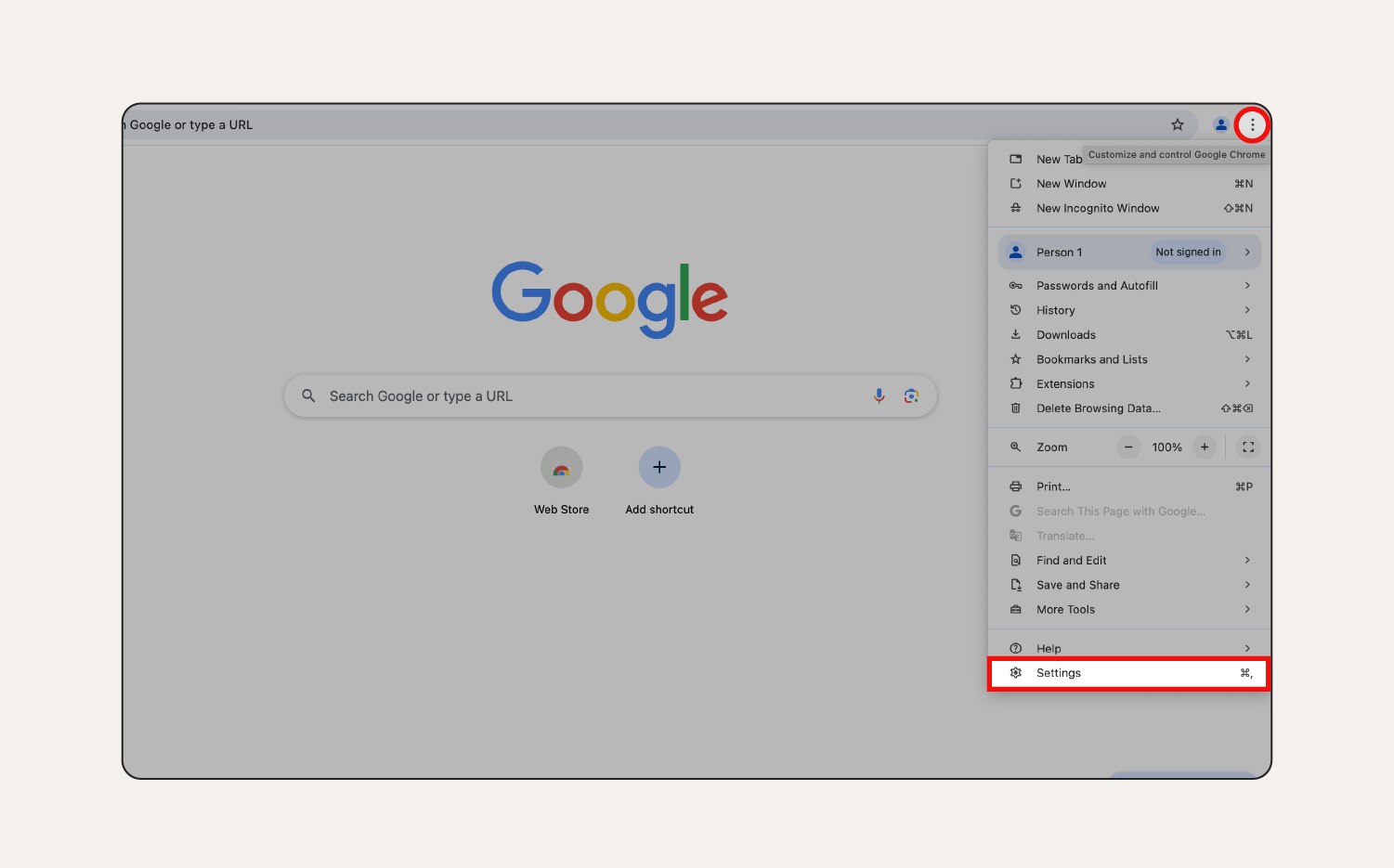 Screenshot: Öffnen des Menüs „Optionen“ in Chrome