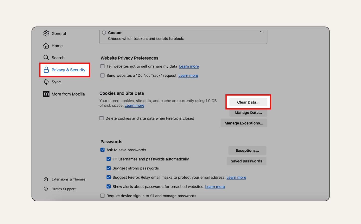 Screenshot: Einstelllungen für Datenschutz und Sicherheit in Firefox