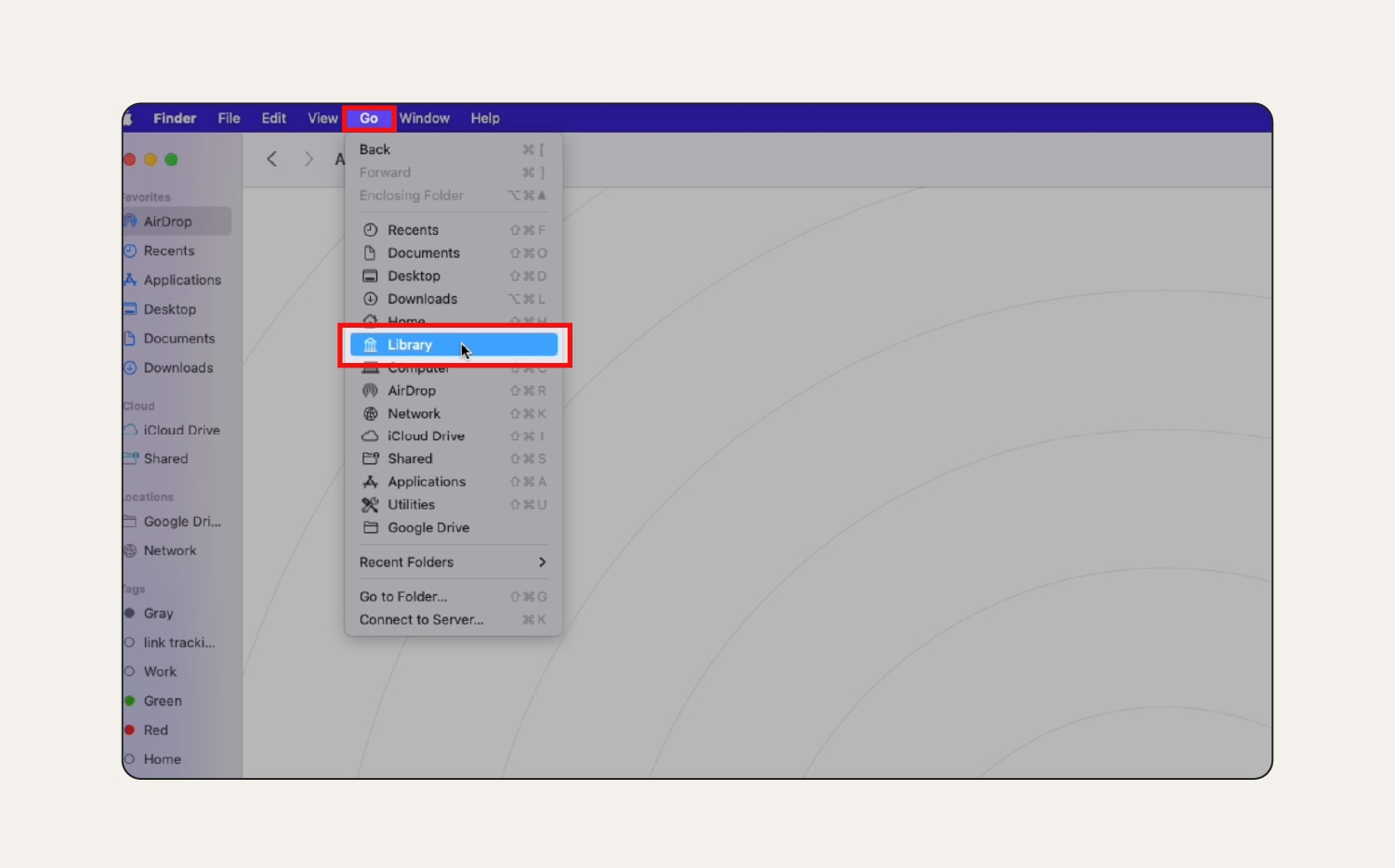 Screenshot: Öffnen der „Library“ im Menü „Gehe zu“