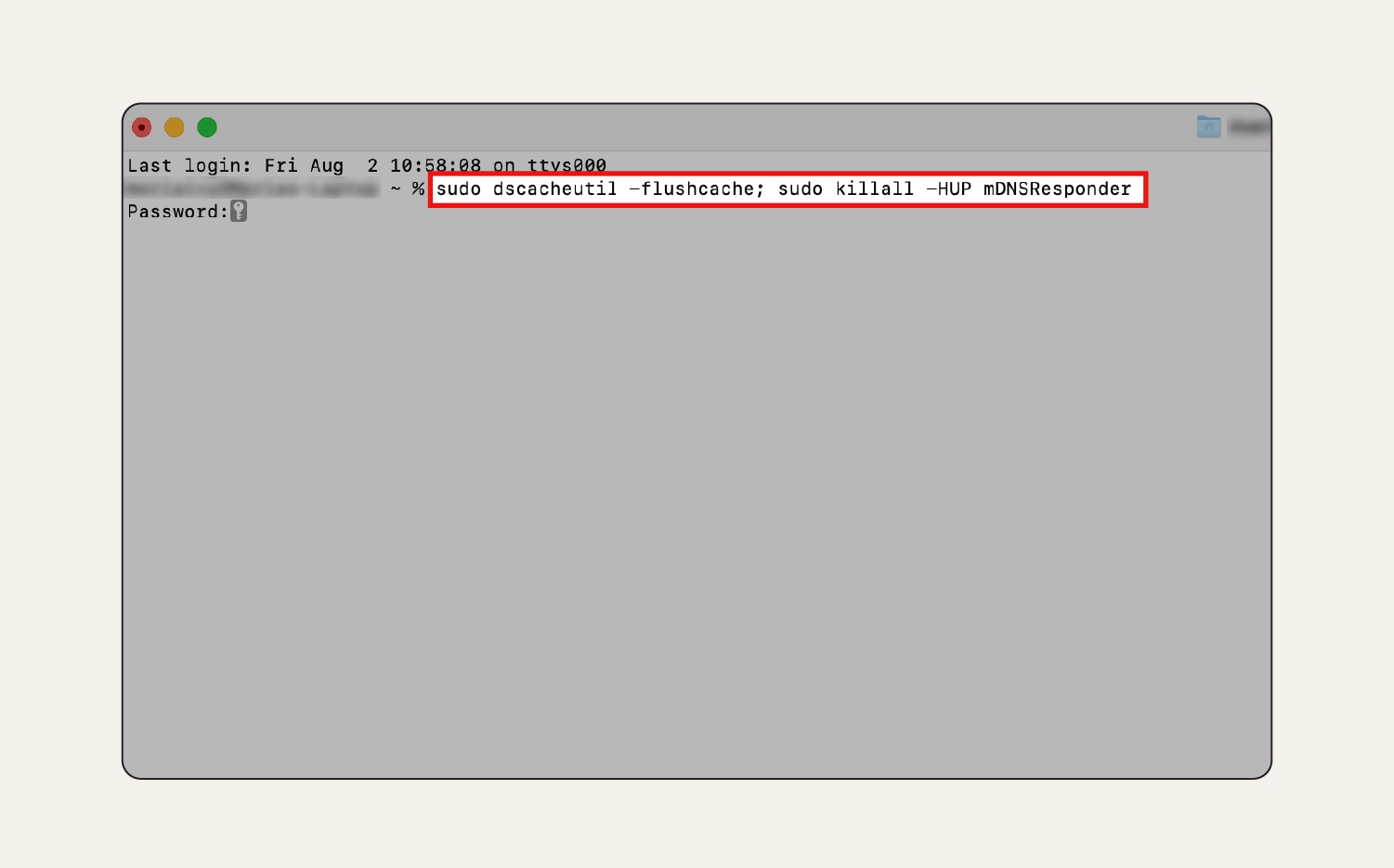 Screenshot: Im Terminal einzugebender Code zum Leeren des DNS-Cache auf dem Mac