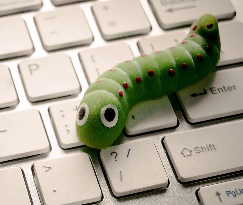 Darstellung eines Computerwurms, der über eine Tastatur kriecht.