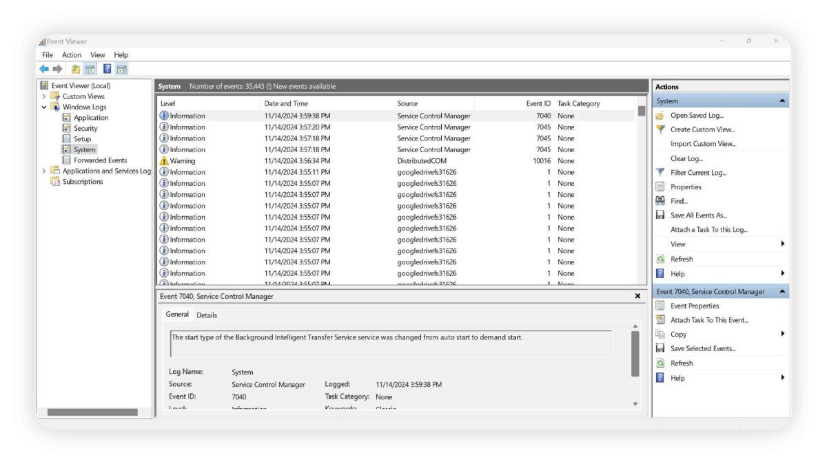 Screenshot: Ereignisanzeige auf einem Windows-Computer