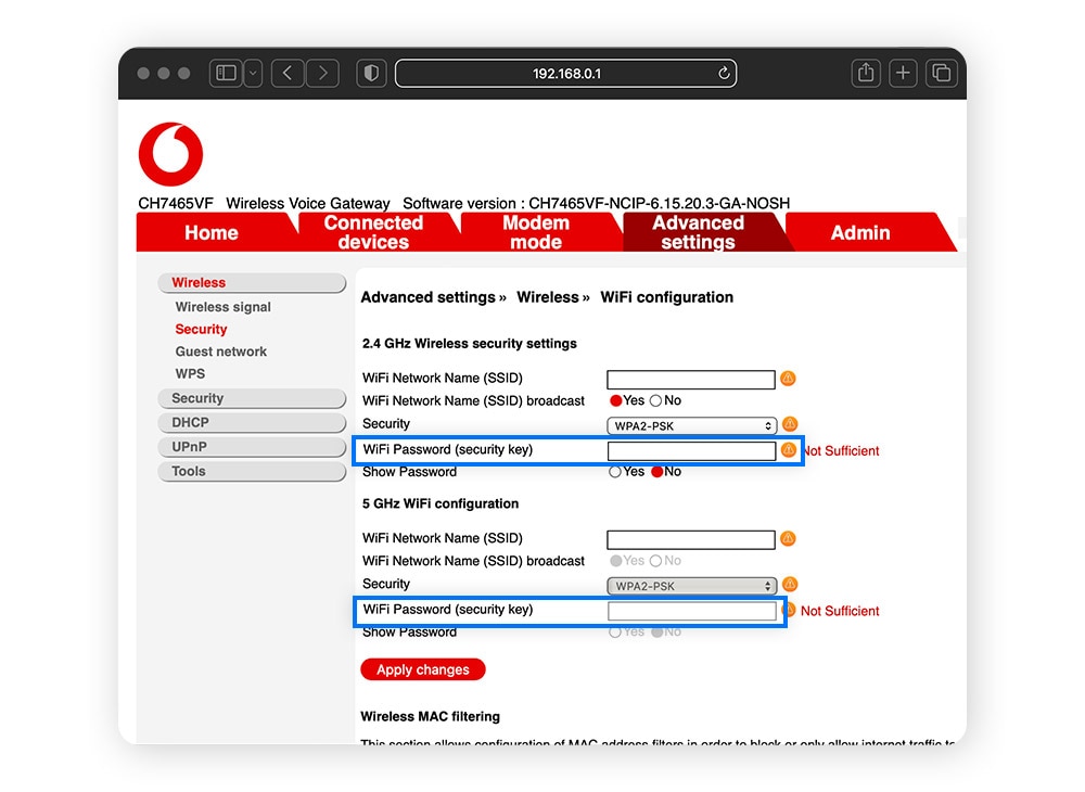 Webbrowser-Fenster mit Router-Einstellungen zum Ändern des WLAN-Passworts