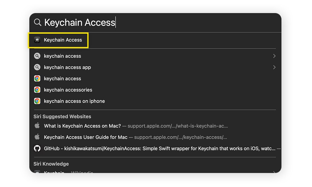 Suchfenster auf einem Mac mit dem Suchbegriff "Schlüsselbundverwaltung"