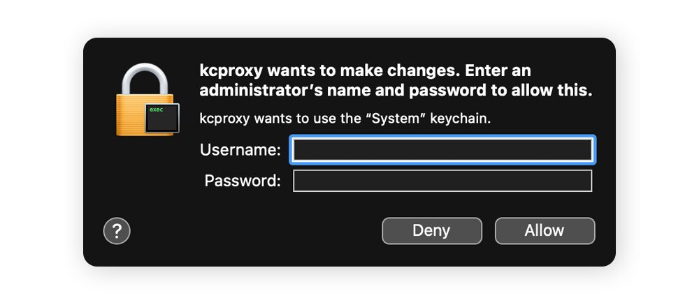 Dialogfenster zum Ändern der Systemberechtigungen auf einem Mac, in dem Benutzername und Passwort des Administrators abgefragt werden
