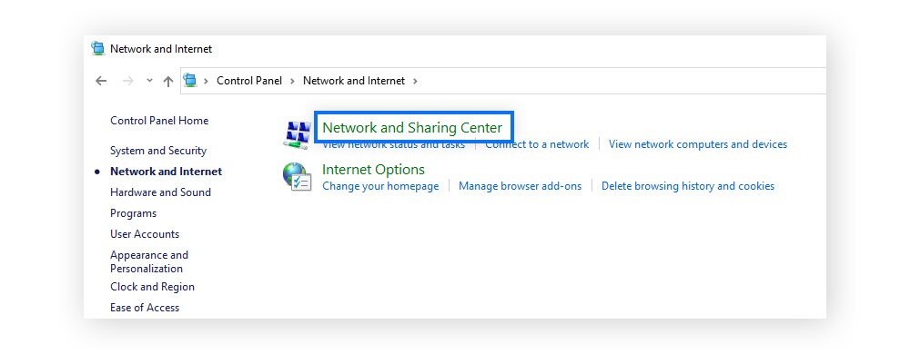 Wählen Sie "Netzwerk- und Freigabecenter".