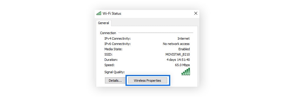 Klicken Sie auf "Drahtlosnetzwerkeigenschaften", um ein Dialogfenster mit dem WLAN-Sicherheitsschlüssel abzurufen.