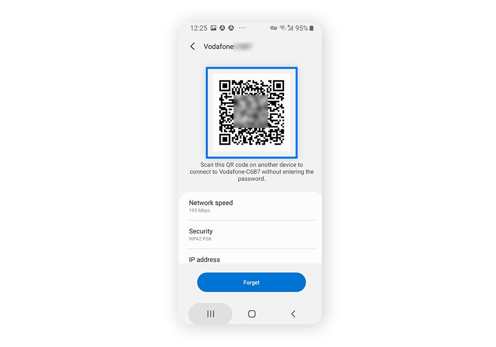 Bildschirm mit Netzwerkdetails auf einem Android-Gerät mit einem QR-Code für das derzeitig verbundene Netzwerk