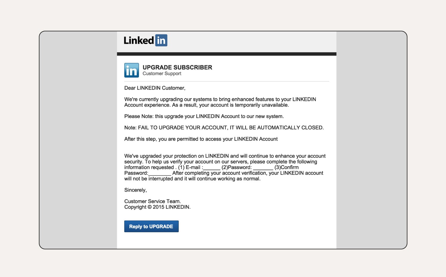 Beispiel für Social-Media-Phishing, in diesem Fall LinkedIn.