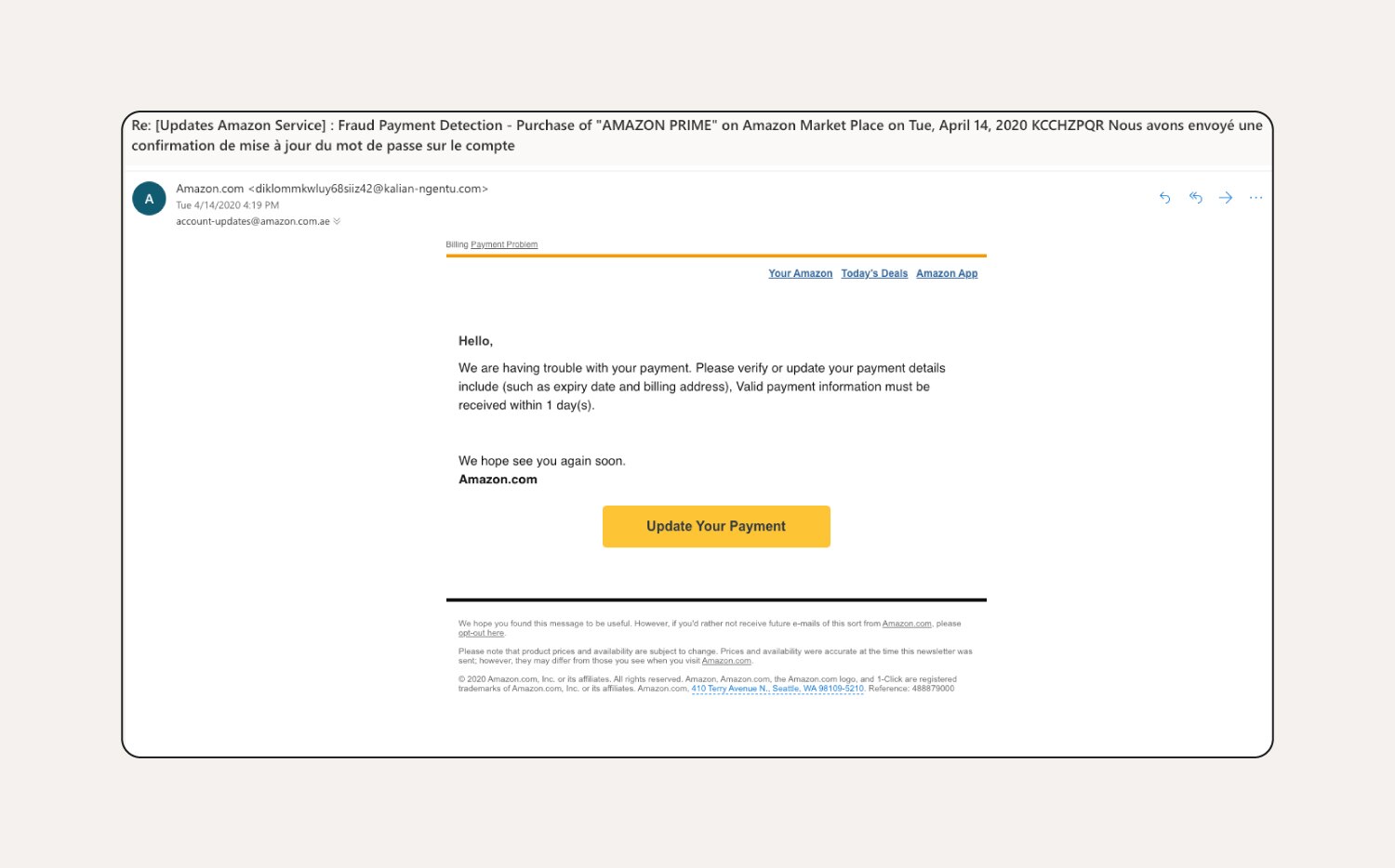 Eine Amazon-Phishing-E-Mail, in der der Empfänger um Aktualisierung seiner Zahlungsinformationen gebeten wird