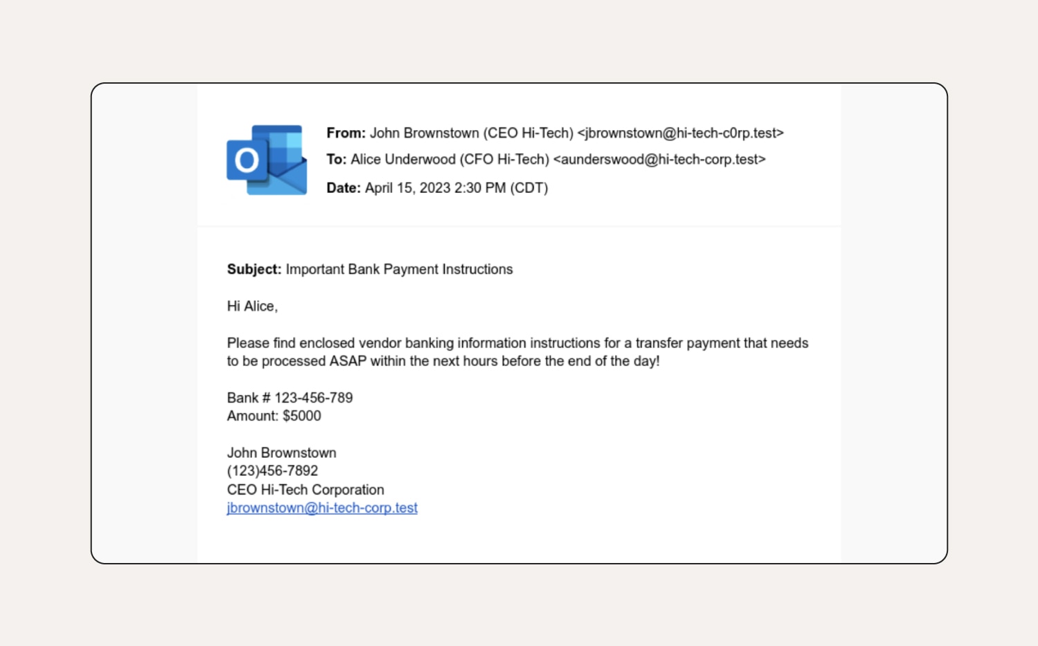 Eine CEO-Phishing-E-Mail, in der um Bearbeitung einer dringenden Überweisung gebeten wird