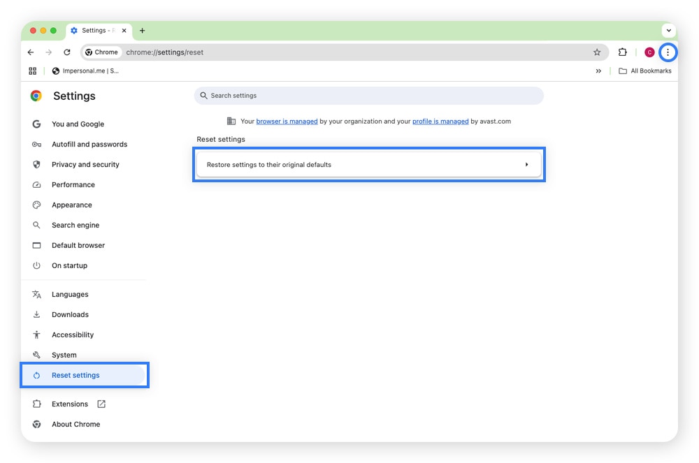 Zurücksetzen der Chrome-Einstellungen zum Entfernen einer gefälschten Windows Defender-Sicherheitswarnung.