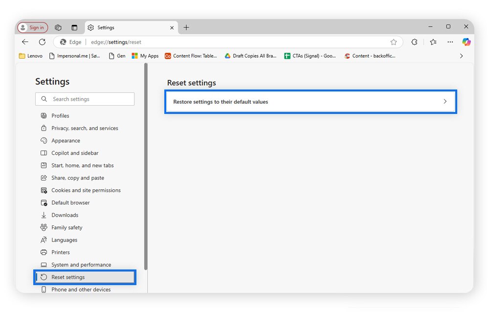 Zurücksetzen der Edge-Einstellungen zum Entfernen einer gefälschten Windows Defender-Sicherheitswarnung.