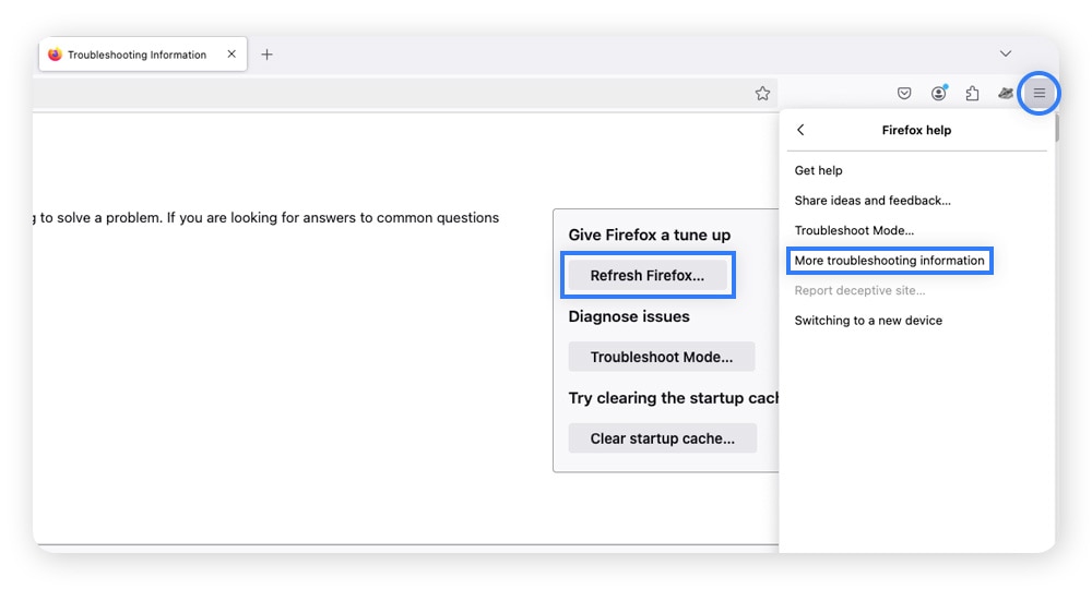 Zurücksetzen der Firefox-Einstellungen zum Entfernen einer gefälschten Windows Defender-Sicherheitswarnung.