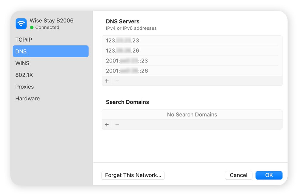 Menü zum manuellen Ändern von DNS-Servern auf dem Mac.